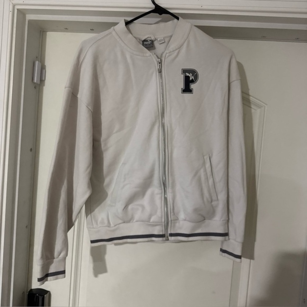 Puma Bomber Jacket Mens XS White Stretch Full Zip Fleece Lined Long Sleeve